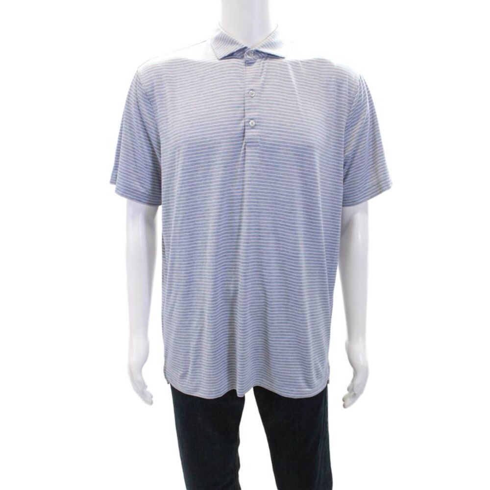 Johnnie-o Mens Cotton Collar Short Sleeve Stripe Casual T-Shirt Blue Size L
